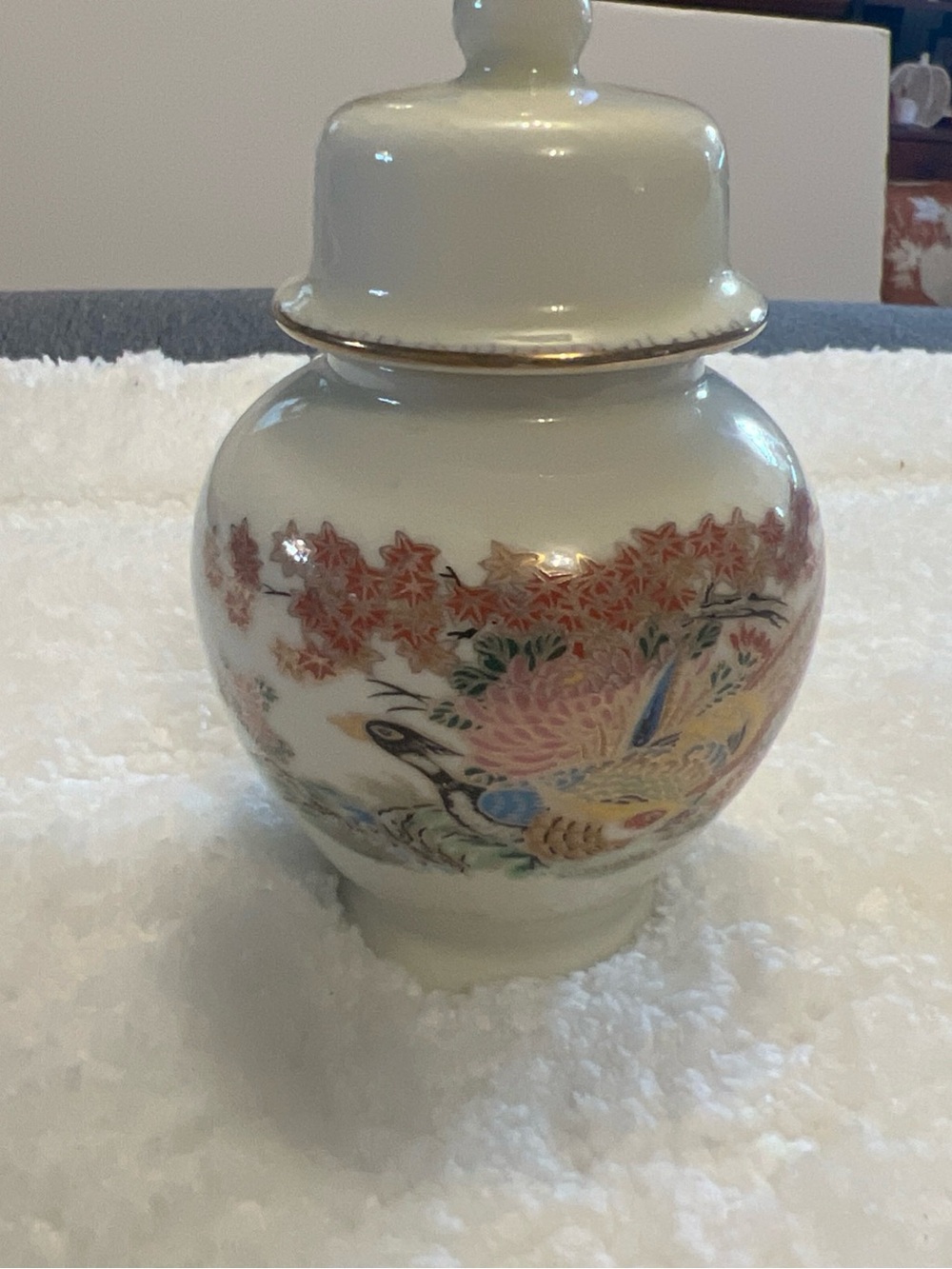 Porcelain Covered Ginger Jar with Gold Trim - White and Multicolor